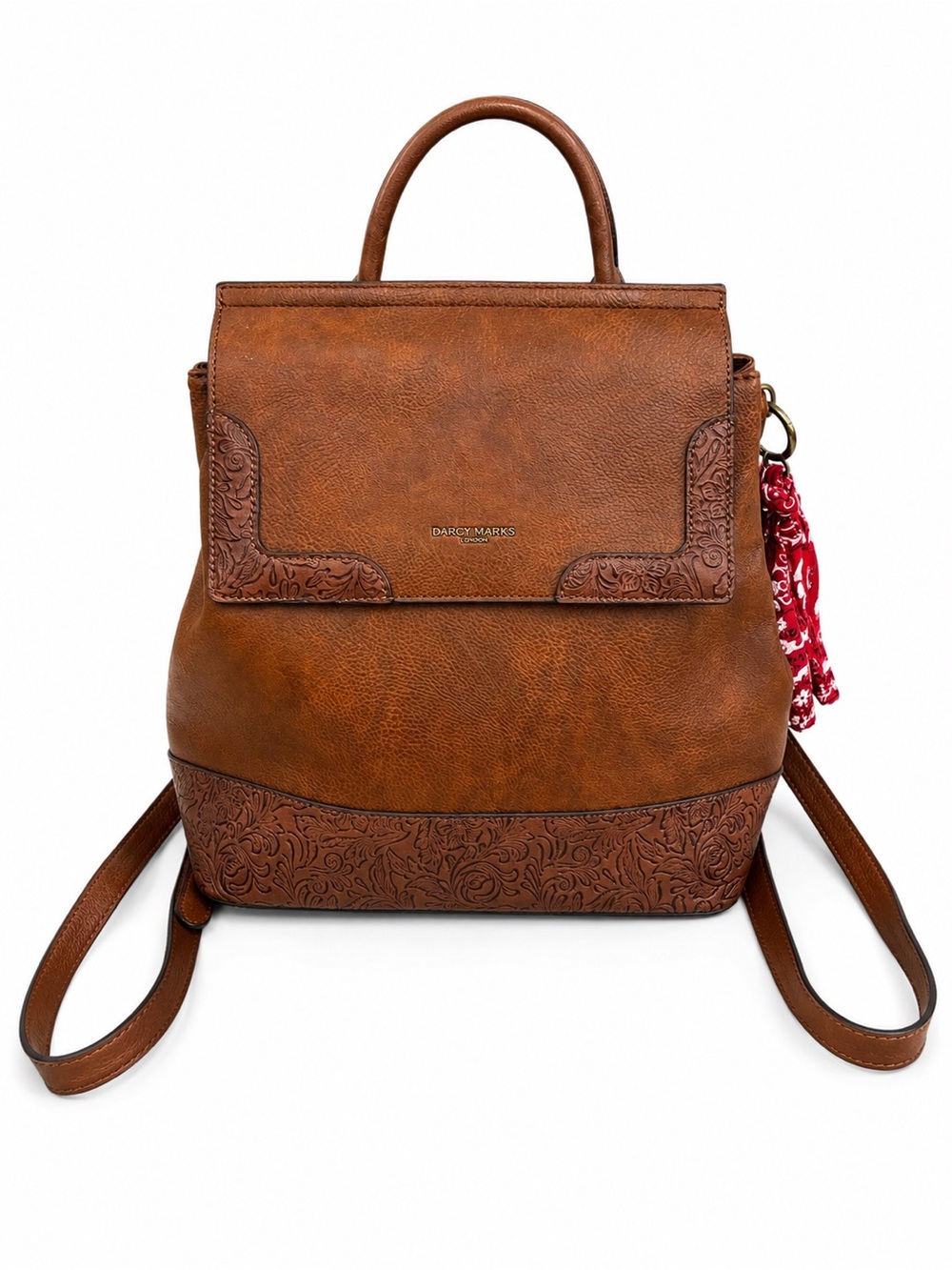 Embossed Brown Faux Leather Backpack with Top Handle and Bandana Accent